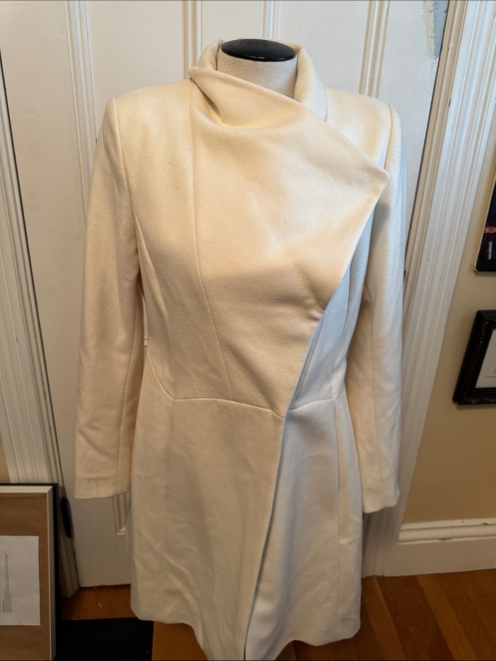 Elie Tahari Cream Asymmetrical Funnel-Collar Coat